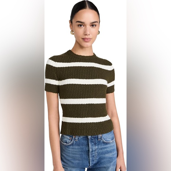 Madewell Amanda Cotton Boucle Sweater Tee in Expedition Green/Cream Stripe - Picture 2 of 7